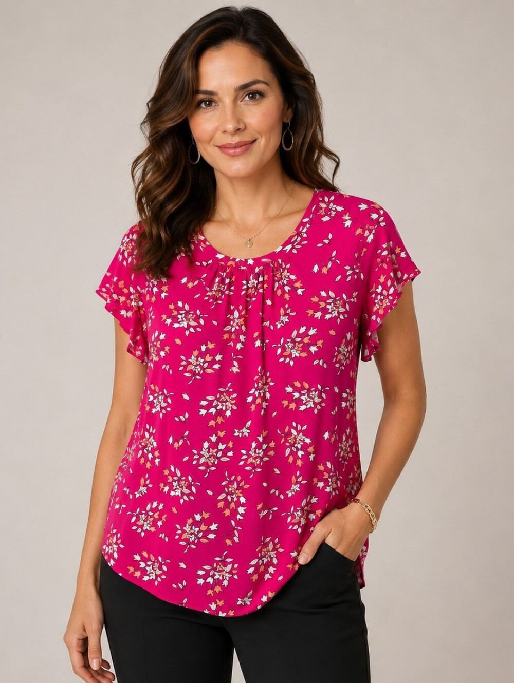 Liz Claiborne XL Pink Floral Flutter Sleeve Blouse Women's Lightweight Top